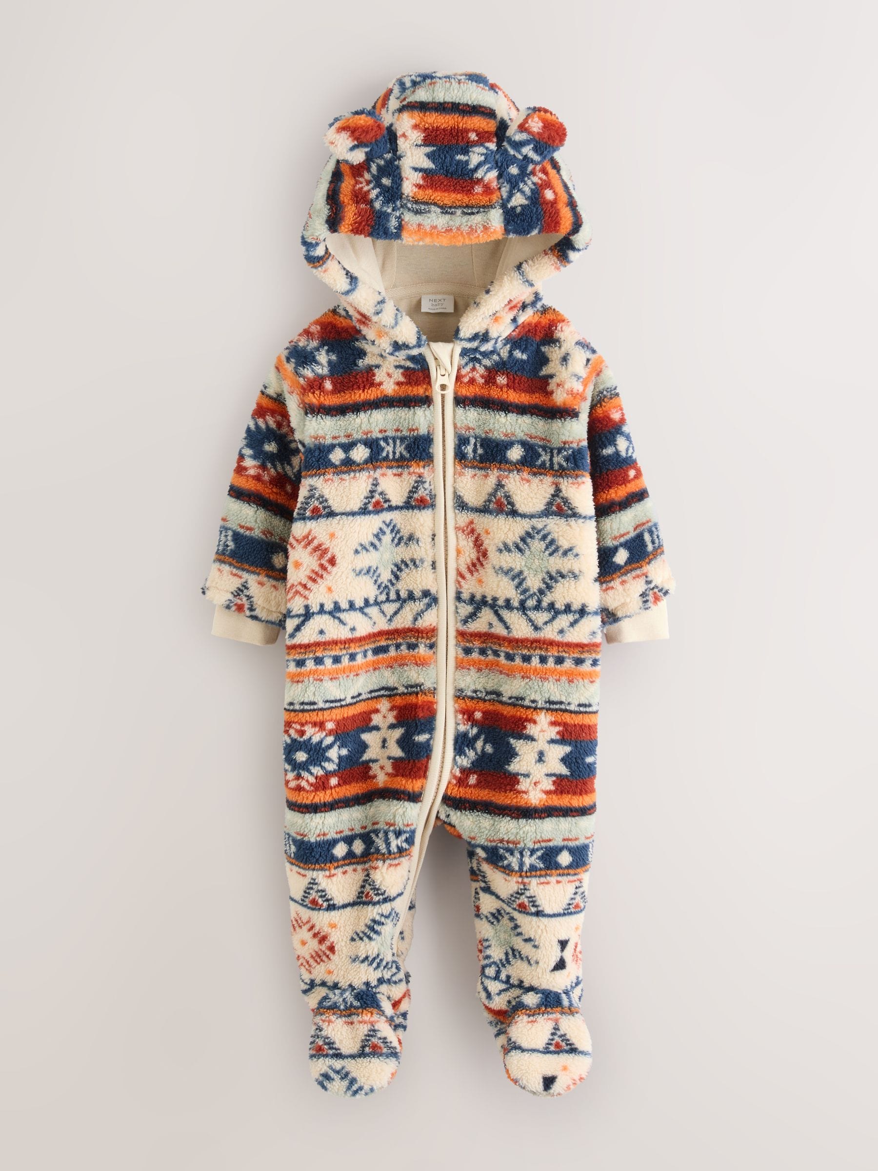 White Fairisle Pattern Zip Through Fleece Baby Pramsuit (0mths-2yrs)